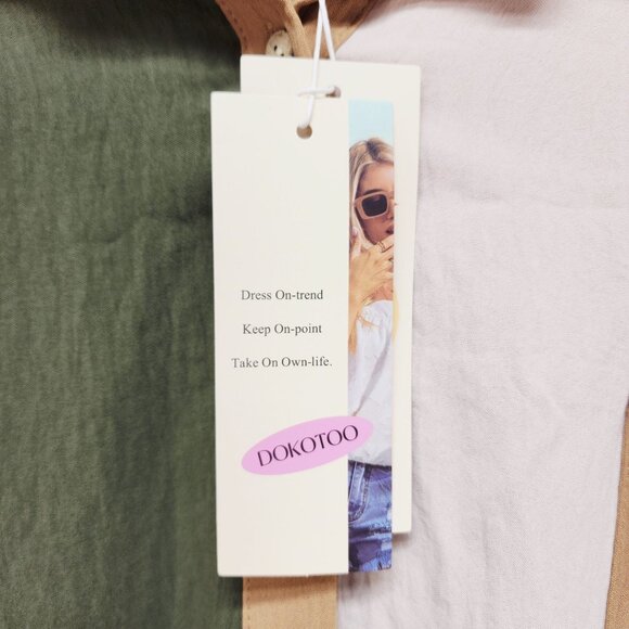 Colorblock Button-Up Short-Sleeve Shirt Women Size 2XL Dokotoo Green Beige White - Picture 5 of 8